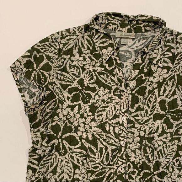 dressbarn Floral Button Front Green Beige Tropical Short Sleeve Shirt Size Large - Picture 2 of 10